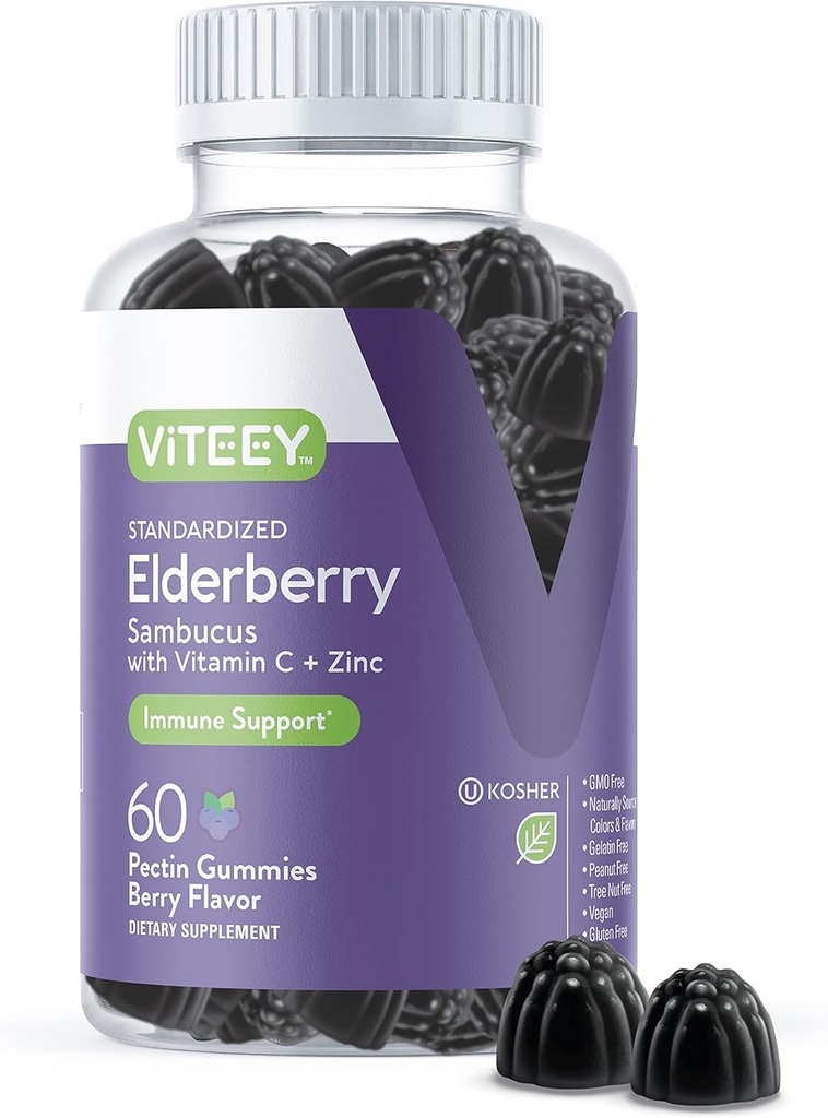 Viteey Sambucus Elderberry Gummies per adulti – Vitamina C di Elderberry e Gummie di Immunità di Zinco - Vegan, Gluten-Free – 60 Conte