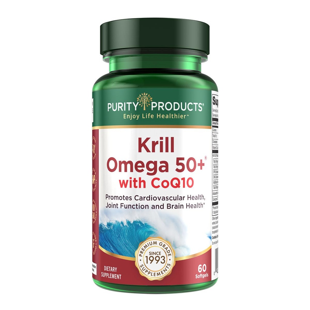 Krill Omega 50 Plus w/ CoQ10 da prodotti di purezza - 1300mg Krill olio e Fish Oil Blend - 100mg CoQ10 - 500mg Astaxantina naturale - Supporto per Joint, Salute del cervello e altro - 60 Mini Softgels