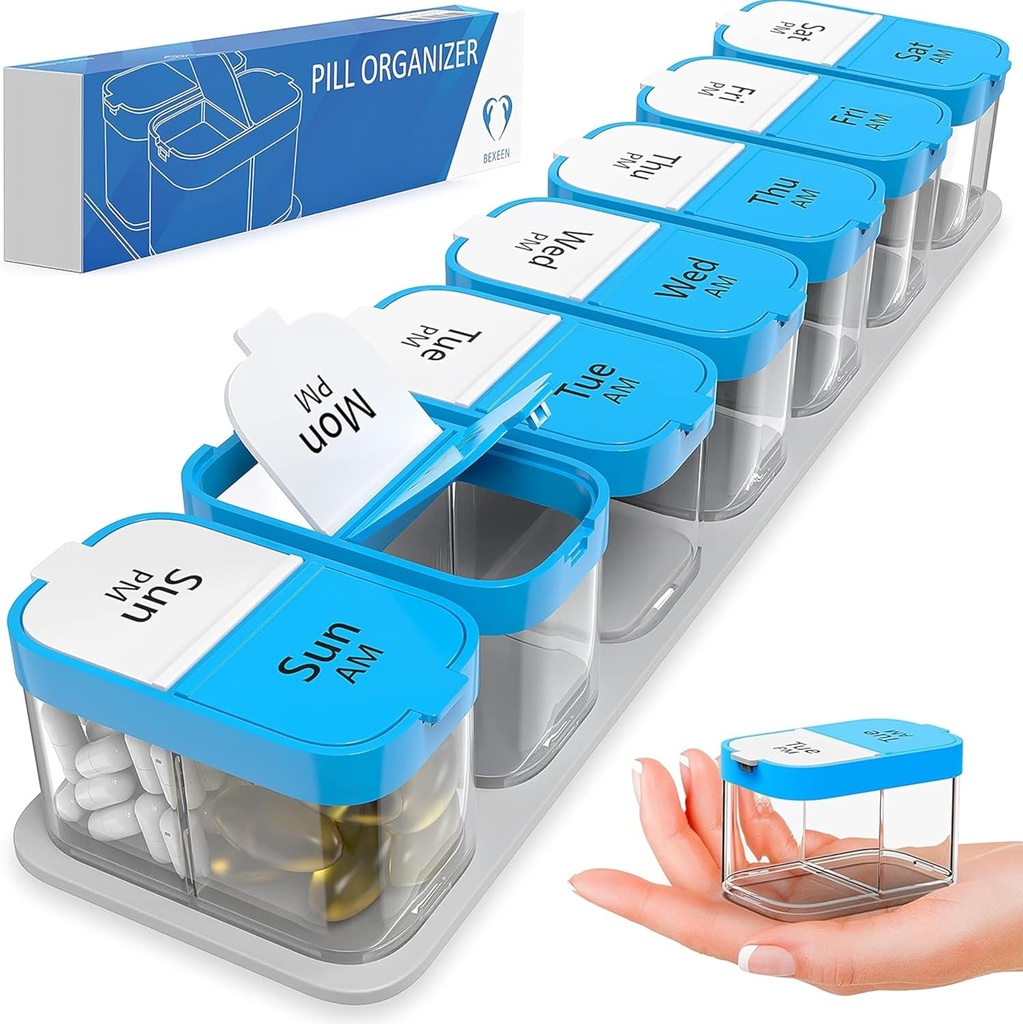Extra Large Weekly Pill Organizer - XL Daily Pill Box - 7 giorni Am Pm Pill Case Jumbo Pill Container per Supplementi Big Pill Holder Twice A Day Oversized (Blue/White)