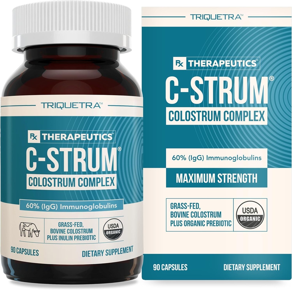 C-Strum® Organic Bovine Colostrum Supplement, 60% igG, First Milking, Grass Fed, Max Strength Colostrum Capsules from German Dairy Cows - Gut, Immunity, Skin & Hair Support (90 conteggio)