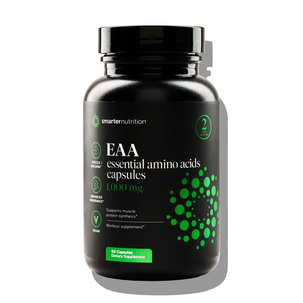 SMARTERNUTRITION Aminoacidi essenziali (EAA) Capsule - 1 grammo Per porzione di tutti i 9 EAA - Supporta la massa muscolare & Esercizio - Non OGM, Vegan, Gluten Free - 60 Count[30-Day Supply]