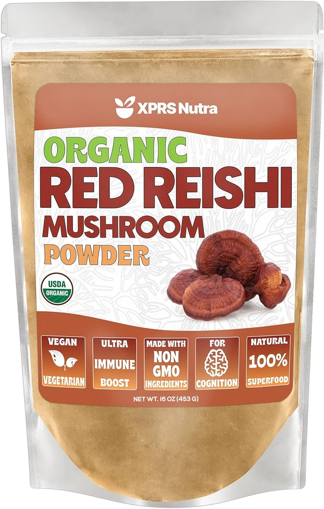 XPRS Nutra Organic Red Reishi Mushroom Powder - Polvere Premium Reishi per la cognizione - funghi Vegan Reishi per la longevità e l'energia (16 oncia)