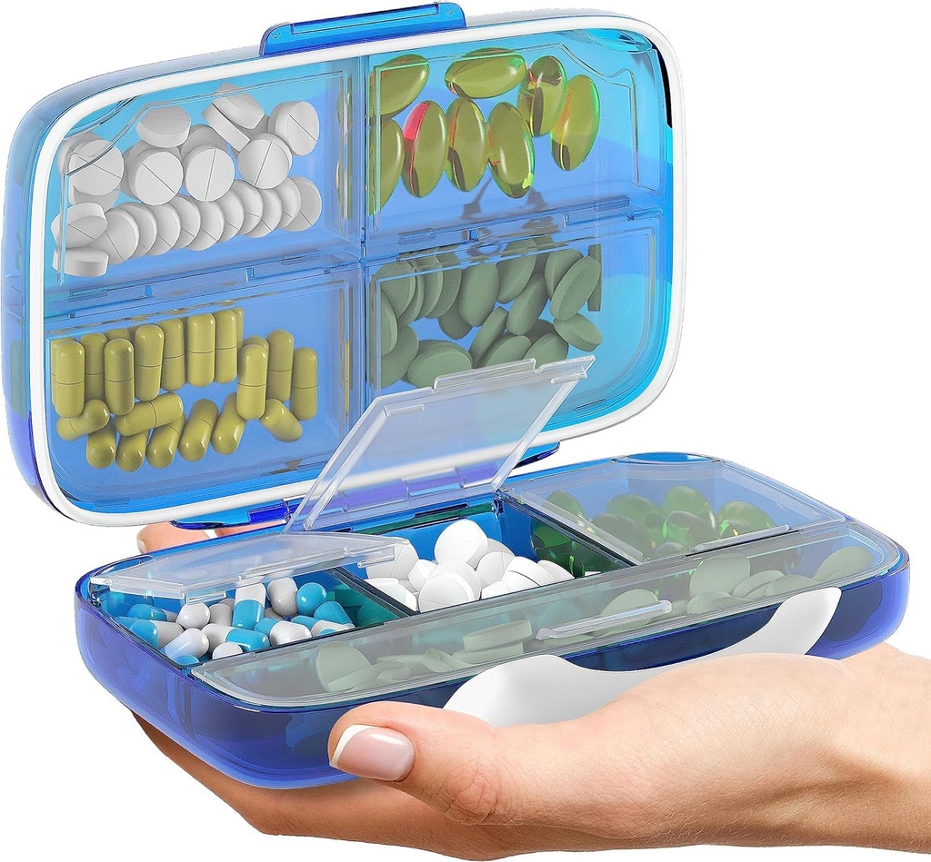Blu e rosa Airtight Pill Organizer Box grande Dispenser Pillola Home Supporto per supplemento di viaggio Portatile Vitamina Sorter Jumbo Dimensioni 8 scompartimento Vitamina Container Daily Medicine Viaggi Essentials