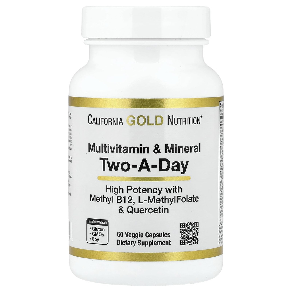 California Oro Nutrizione Multivitamina e Minerale con Methyl B12, Vitamina C, L-MethylFolate e Bio-Quercetin, Two-A-Day, 60 Veggie Capsule