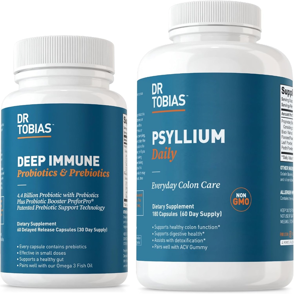 Dr. Tobias Profondo Probiotici e Prebiotici e Psyllium Daily, Supporta la Salute Digestiva, Funzione Immune Gut, Supplemento Fibra Giornaliero in Sostegno alla Salute Colon con 4.4. miliardi di CFU