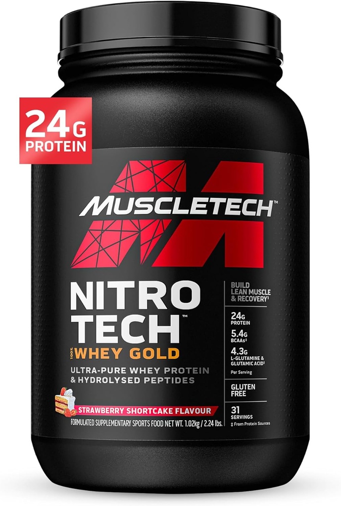 Polvere di proteine del siero di latte, polvere di proteine dell'oro del siero del muscolo-tecnologico Nitro-Tech, miscela di proteine isolate del siero di siero di latte, polvere proteica per le donne e gli uomini, polvere di proteine di fragola, 2 lbs (28 Serv)-pacchetto varie