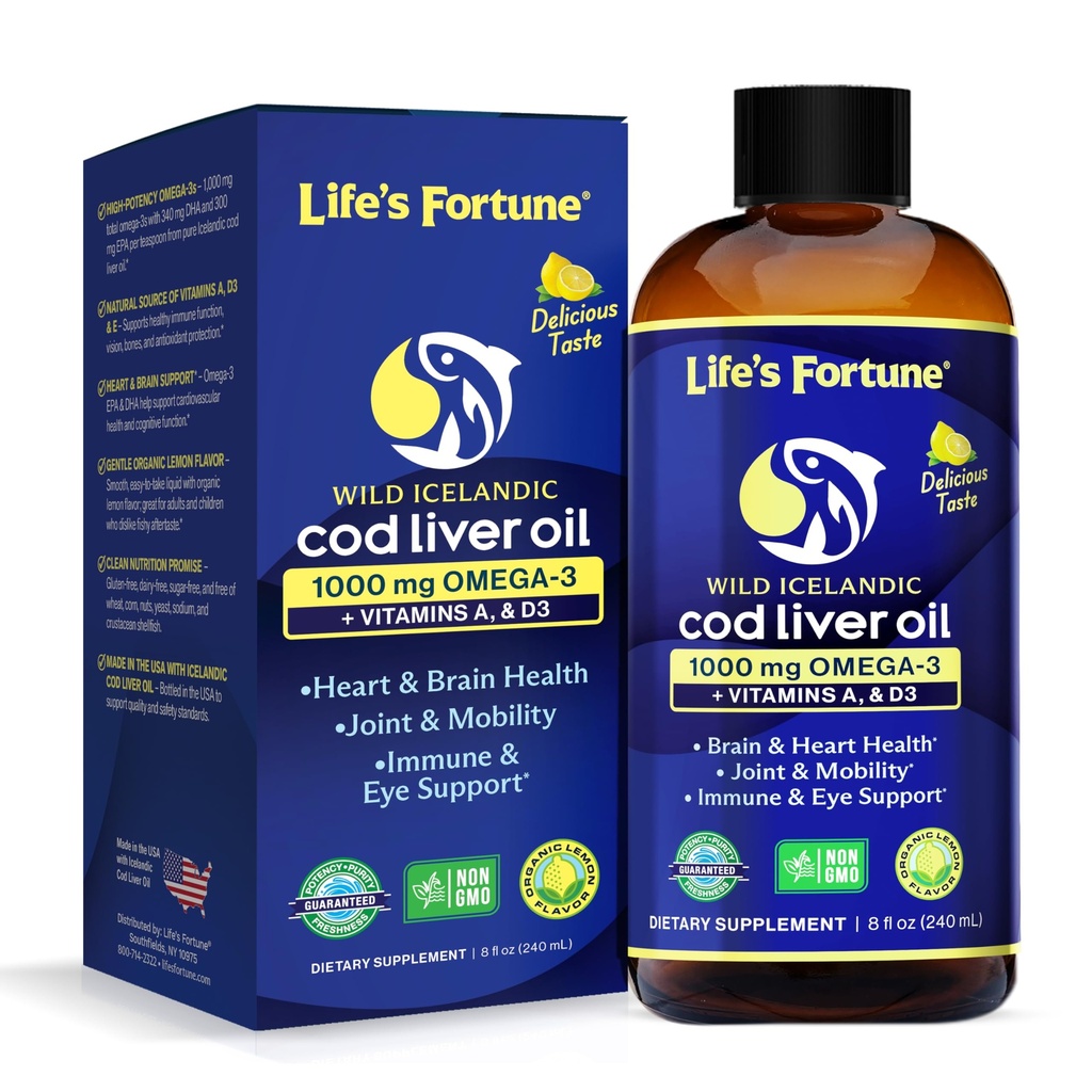 Life's Fortune Cod Liver Oil Liquid Organic Lemon Flavor (8 Oz) 1.000 mg Omega + Vitamina A, E & D3 - Supporta la salute immunitaria - 100% Fish Oil Supplement from Wild Ocean Cod-GMO Free
