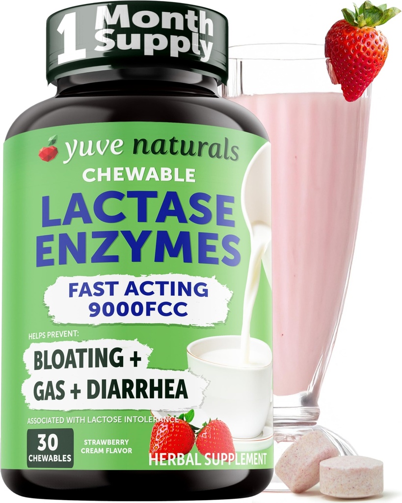 Yuve Natural Fast Acting Dairy Relief Delicious Chewables - Lactase Enzyme 9000 FCC - Dì addio alla Dairy Discomfort da Lactose Intolerance - Crema Fragola Flavor - 30ct