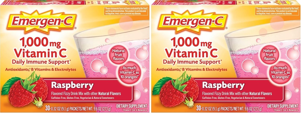 Emergen-C (30 Conto, Sapore di lampone, 1 mese Supplemento alimentare Fizzy Drink Mix con 1000mg Vitamin C, 0.32 Ounce Packets, Caffeina Free (Pack of 2)