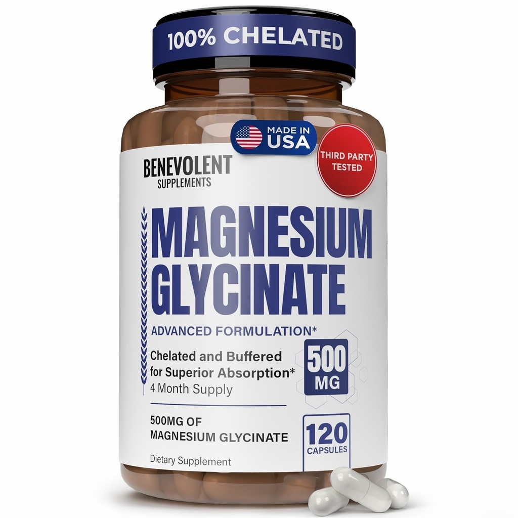 Magnesio Glycinate 500mg - Chelated & Buffered High Absorption Magnesium Supplemento al supporto Stress Relief, Digestion, Bone, Sleep, Nerves & Muscle Health - Made in USA - 120 Vegan Capsule