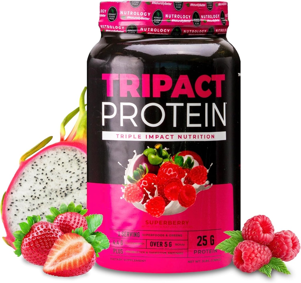 Nutrologia TRIPACT Protein Powder - 7-in-1 Meal Sostituzione Shake con Grass Fed Whey Protein Powder, Pea, Rice, Greens for Muscle Recovery & Immunity, Superberry Flavor, 40 Servings