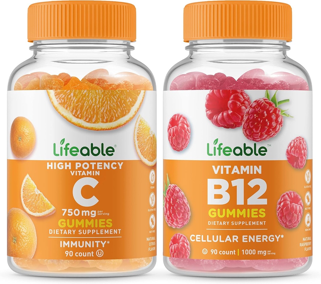 Vitamina C 750mg + Vitamina B12, Gummies Bundle - Grande Degustazione, Integratore di vitamina, Senza glutine, OGM Libero, Gomma masticabile