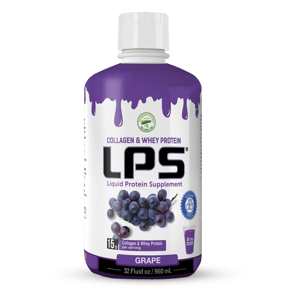 LPS Liquid Collagen & Whey Protein Supplemento - Zucchero-Free, Senza Disegno, Non OGM Bevanda - Collage idrolizzato & Peptidi di Siero Promuove Pelle sana & Capelli per Uomini & Donne, Uva, 32 fl oz