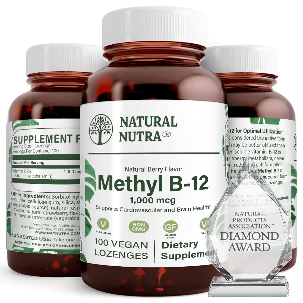 Natural Nutra Vegan Methyl B12 1000mcg, supplemento di salute del cuore e di energia Booster, senza glutine, la trasformazione dell'energia di sostegno, migliorare la risposta immunitaria, la funzione del cervello di aiuto, 100 Lozenges vegani