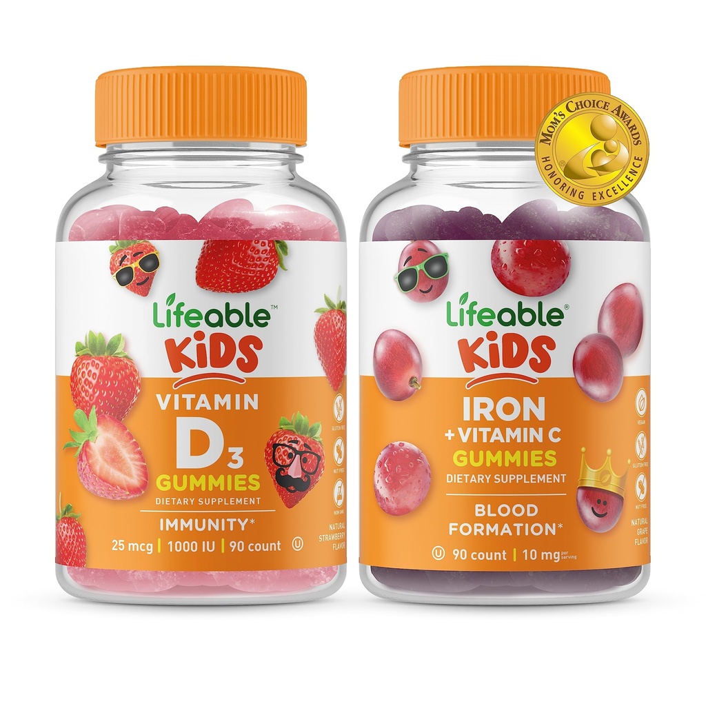 Vita Vitamina D Bambini + Ferro e Vitamina C Bambini, Gummies Bundle - Grande Degustazione, Supplemento di vitamina, Senza glutine, OGM libero, pancia masticabile