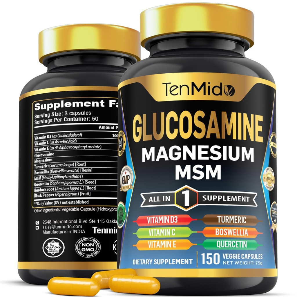 Glucosamina MSM Supplemento per gli uomini e le donne - 11in1 Formula - Combina con Magnesio, Turco, Boswellia, Quercetin, Burdock Root, and More | Joint & Mobility Support - 150 Capsule
