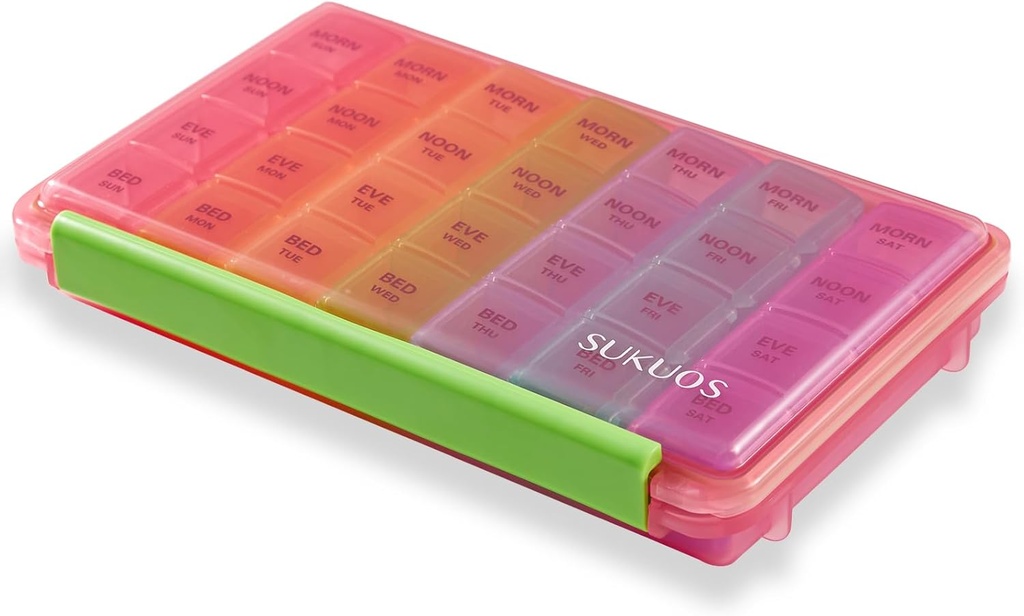 Sukuos organizzatore settimanale di pillole 7 giorno 4 volte al giorno, Moisture-Resistant Large Daily Pill Box Case di medicina per la vitamina / olio di pesce / materie prime (Pink)