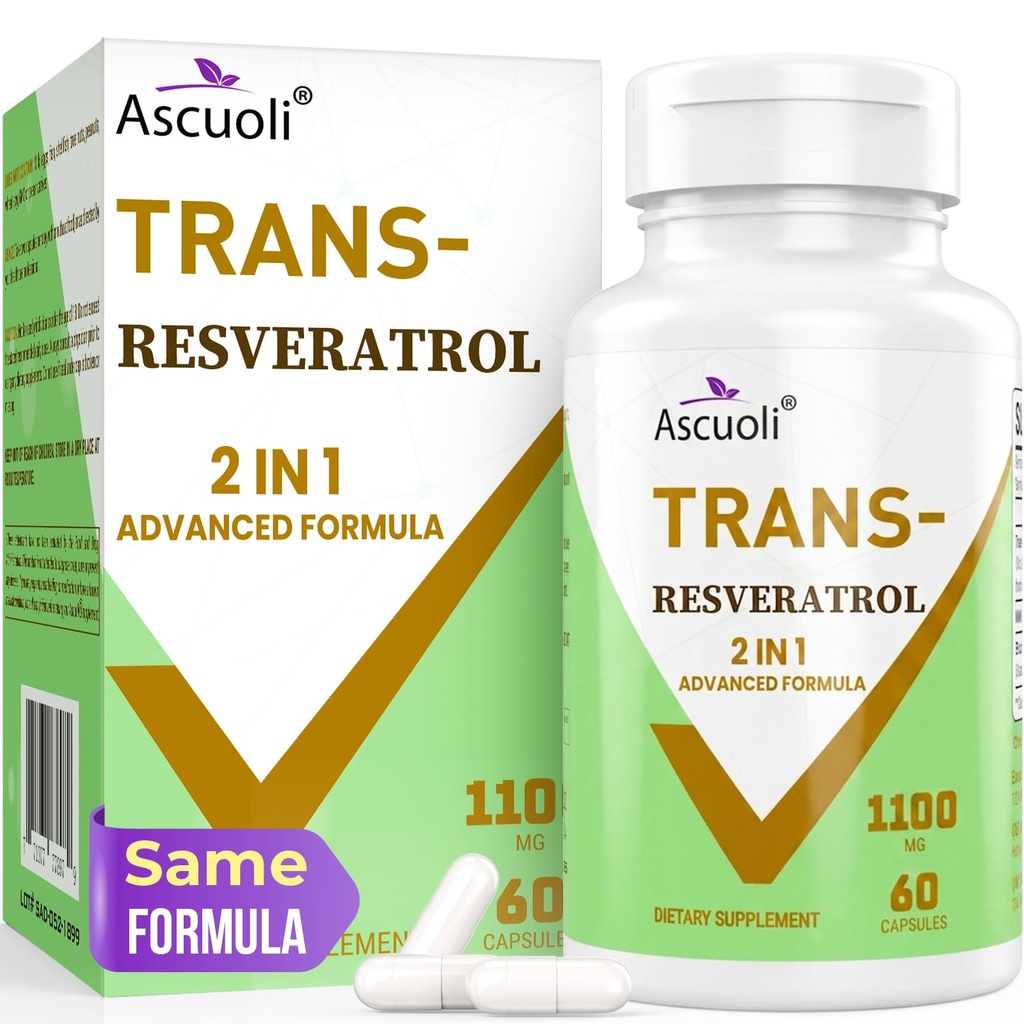 99% Ultra Purity Trans-Resveratrolo 1100mg, 3-in-1 Advanced Formula Organic Resveratrol Supplement, Max Antiossidante, Antiinvecchiamento, Salute della pelle, Riparazione cellulare, Boost NAD+, Immune & Energy, 60 Caps
