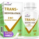 99% Ultra Purity Trans-Resveratrolo 1100mg, 3-in-1 Advanced Formula Organic Resveratrol Supplement, Max Antiossidante, Antiinvecchiamento, Salute della pelle, Riparazione cellulare, Boost NAD+, Immune & Energy, 60 Caps