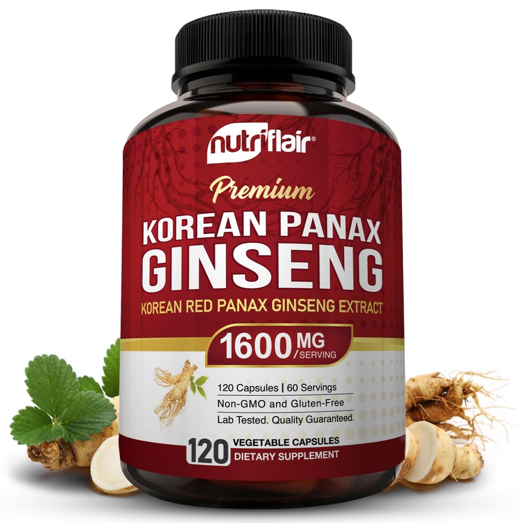 NutriFlair Korean Red Panax Ginseng 1600mg – 120 Vegan Capsule | 5% Ginsenosides | Non-GMO, Gluten-Free | Natural Energy & Focus Support | Made in USA
