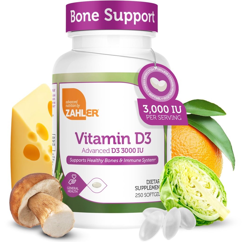 Zahler vitamina D3 3000IU, vitamina D3 Supplemento 3.000 UI, Kosher certificato (250 Softgels)