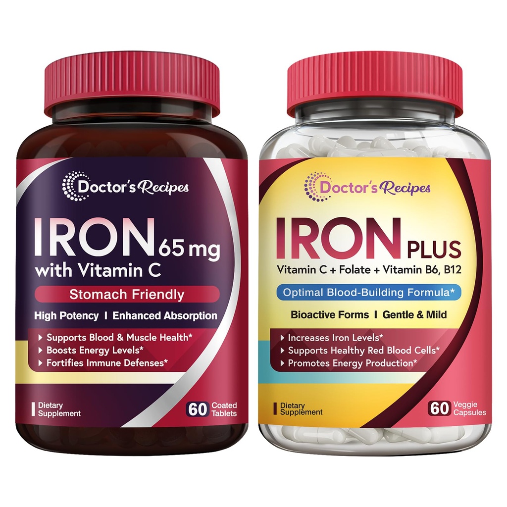 Ricette del medico Ferro da stiro 65 mg & Iron Plus Bundle, Livelli di ferro sano e supporto del sangue, Compresse di ferro 60 ct & capsule di ferro 60 ct
