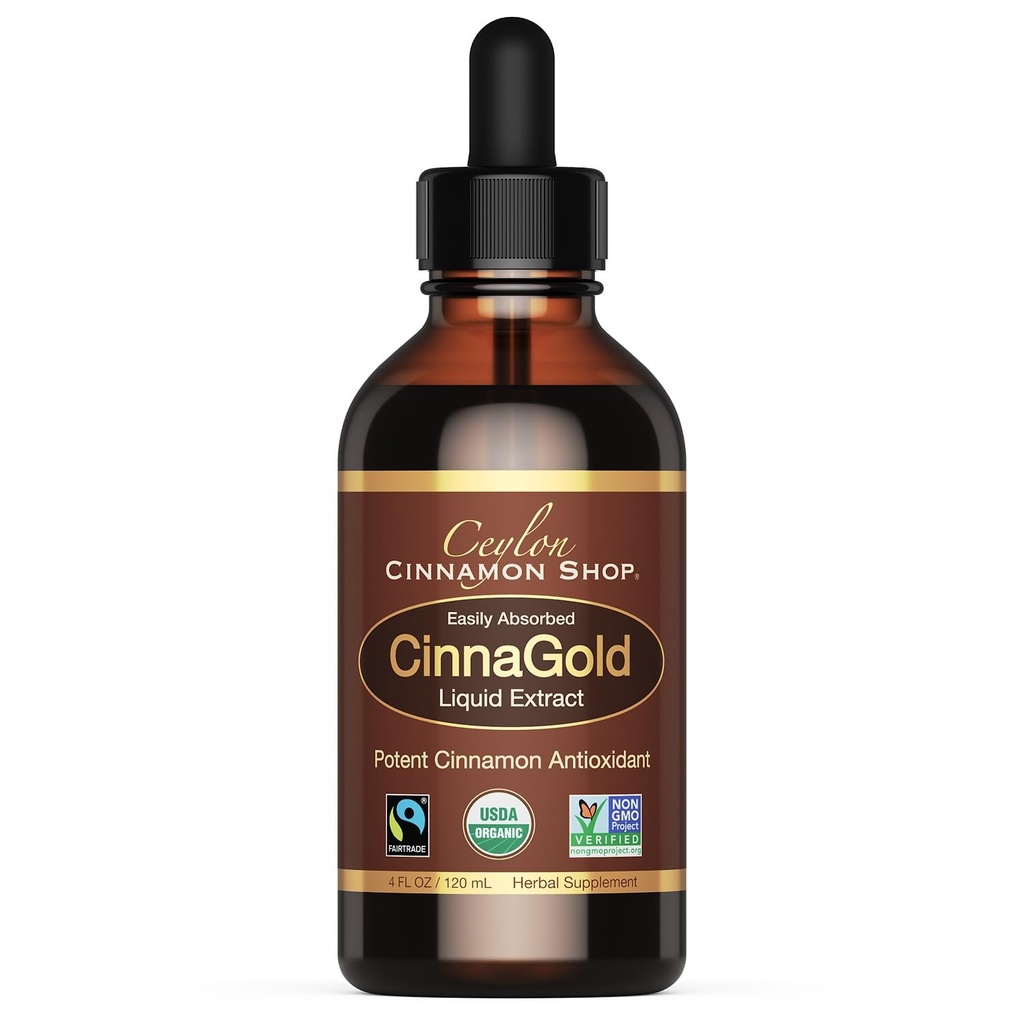 Ceylon Cinnamon Shop CinnaGoldTM Organic Ceylon Cinnamon (100% Certificato) Supplemento, Estratto liquido ad alta potenza, 4 oz. – Super Antiossidante
