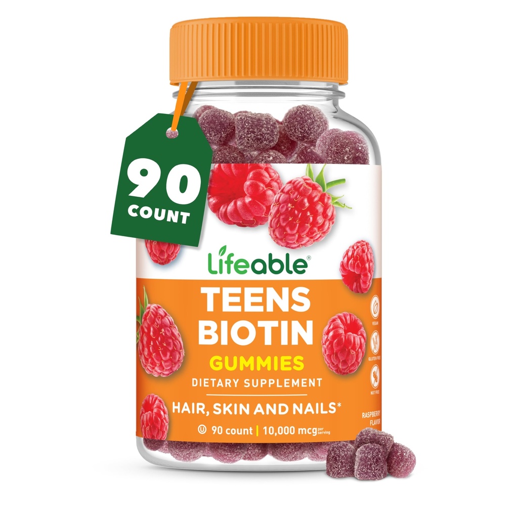 Gli adolescenti vitali Biotin 10000mcg Gummies | Vitamina B7 | Integratore Biotina Vegana | Grandi Gummie Biotina Degustazione per la crescita dei capelli, Pelle sana e Unghie | Vitamine Biotina per adolescenti | 90 Gummies