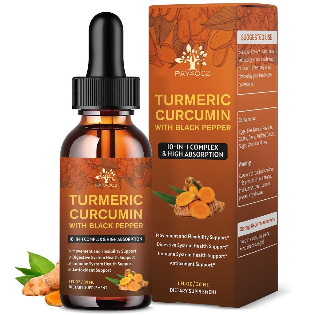 (2 Pack) Integratore di curcumina currica biologica con pepe nero e zenzero - Gocce di estratto di curcuma liquido (con cannella, rosmarino) - Supporto di mobilità e flessibilità e salute digestiva - 1 Fl Oz