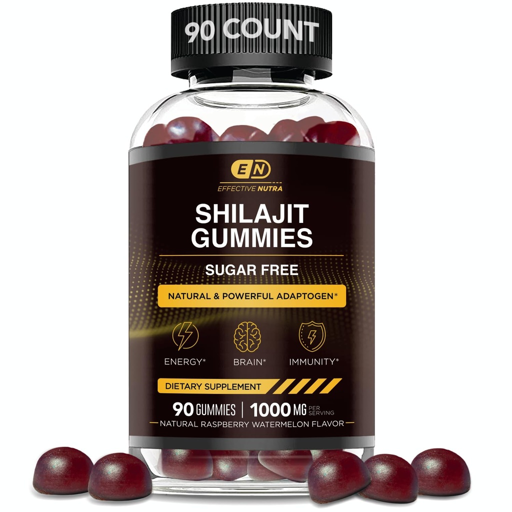 EFFECTIVE NUTRA Shilajit Gummies 1000mg | Pure Shilajit Resina per l'energia, il cervello e l'immunità | Supplemento per gli uomini e le donne | senza zucchero, Vegan, senza glutine | Natural Berry Flavor, Made in USA (90ct)