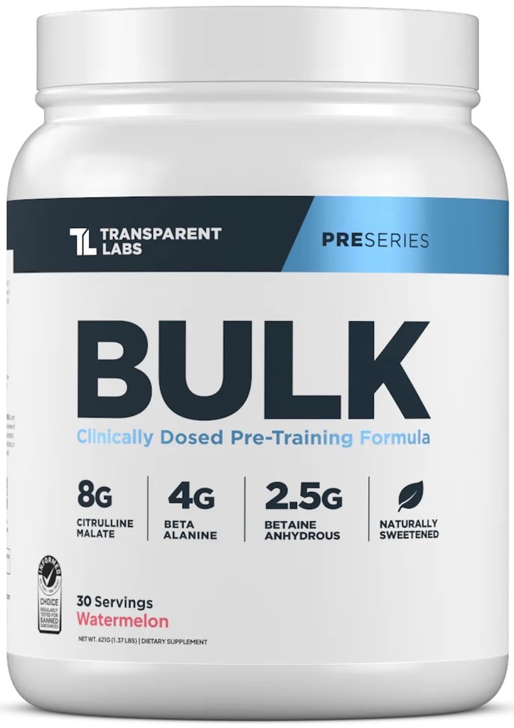 Polvere di pre allenamento trasparente Labs Bulk Pre - naturalmente addolcito preallenamento per gli uomini e le donne, pre lavorare fuori per la costruzione del muscolo e resistenza w/Beta Alanine & BetaPure - 30 Serve, Watermelon