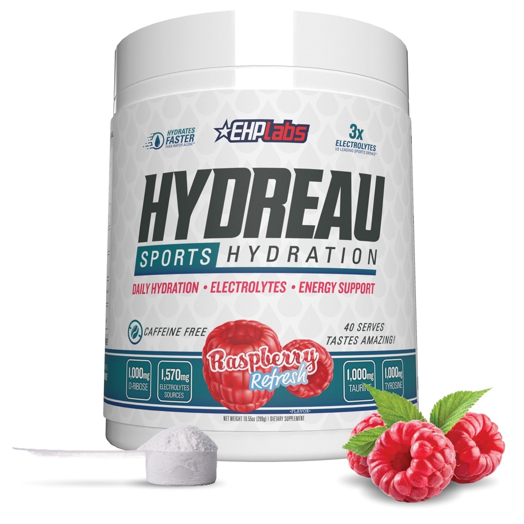 EHP Labs Hydreau Electrolytes Powder No Sugar - Polvere di idratazione per Endurance & Energy - Polvere di elettrolita per gli uomini e le donne - Elettroliti senza zucchero - Refresh di lampone (40 Serves)