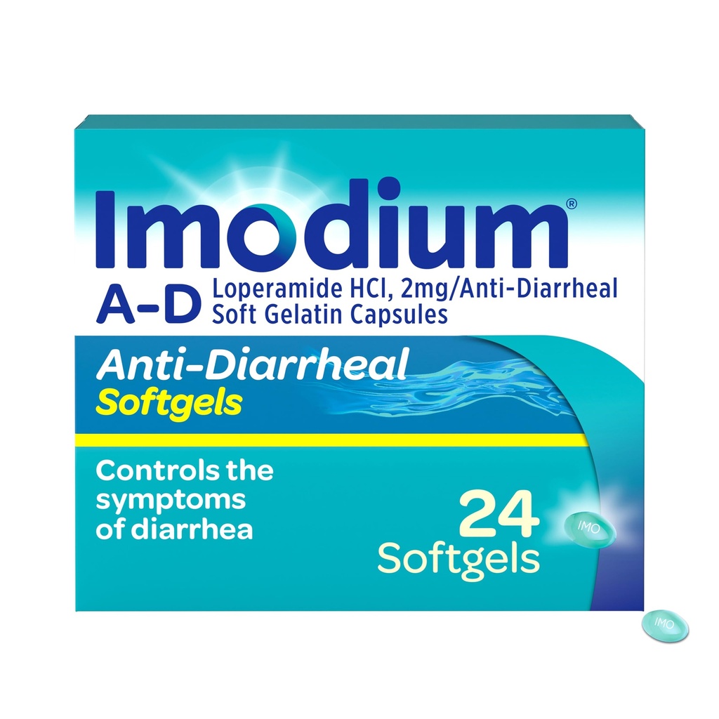 Imodium A-D Anti-Diarrheal Softgels with 2mg Loperamide Hydrochloride for Fast Acting Diarrhea Symptom Relief On the Go in Travel Size Softgels for Adults 12+, 24 Ct
