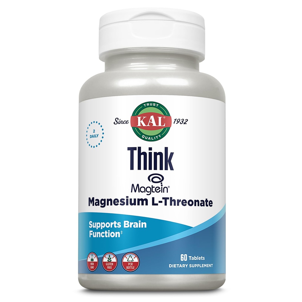 KAL Think Magnesium L-Threonate 2000 mg | Learning, Brain Health & Memory Function Support w/Magtein | Vegan, No Gluten & Non-GMO | 60 compresse