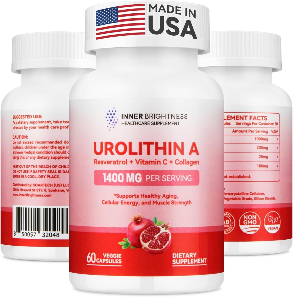 Urolitina A Supplemento 1400 MG - Non OGM, Senza glutine, Anti-invecchiamento, Rinnovamento cellulare, Forza muscolare, Supporto di resistenza e longevità, Urolitina A, 60 Conte
