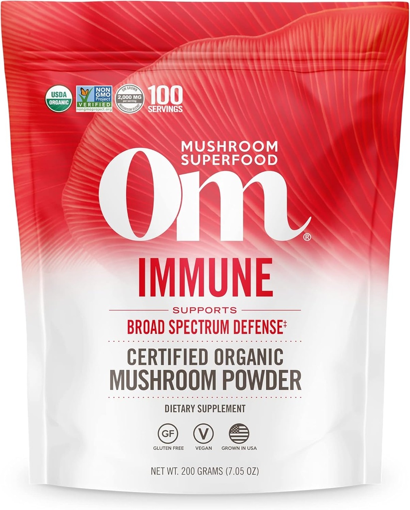 OM MUSHROOM SUPERFOOD Immune Blend Mushroom Powder Superfood Supplement, 7.05 Ounce Pouch, 100 Servings, Mushroom Blend, Reishi & Turkey Tail; Supplemento giornaliero di supporto immunitario