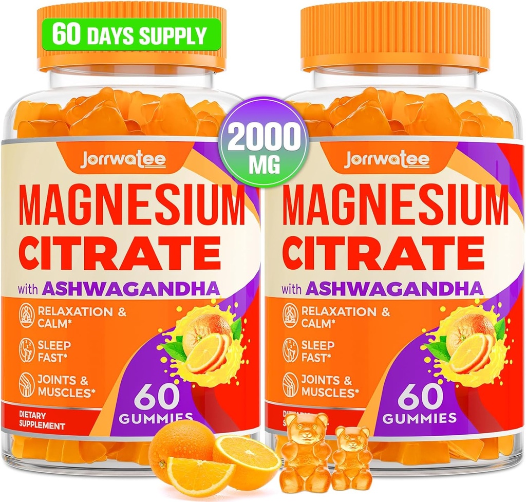 Magnesio Citrato Gummies - Citrato di magnesio con Ashwagandha & L-teanina, Gummie calma ad alto assorbimento, Gomma di magnesio per calma, riposo, nervo, muscolo, 120 conti