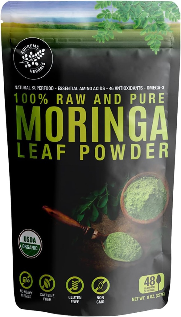 Polvere di foglie di Moringa pura e cruda al 100%. Organic Certified Moringa Leaf. Superfood naturale con aminoacidi essenziali, antiossidanti, e Omega 3, 8 oz Sacchetto Risanamento.