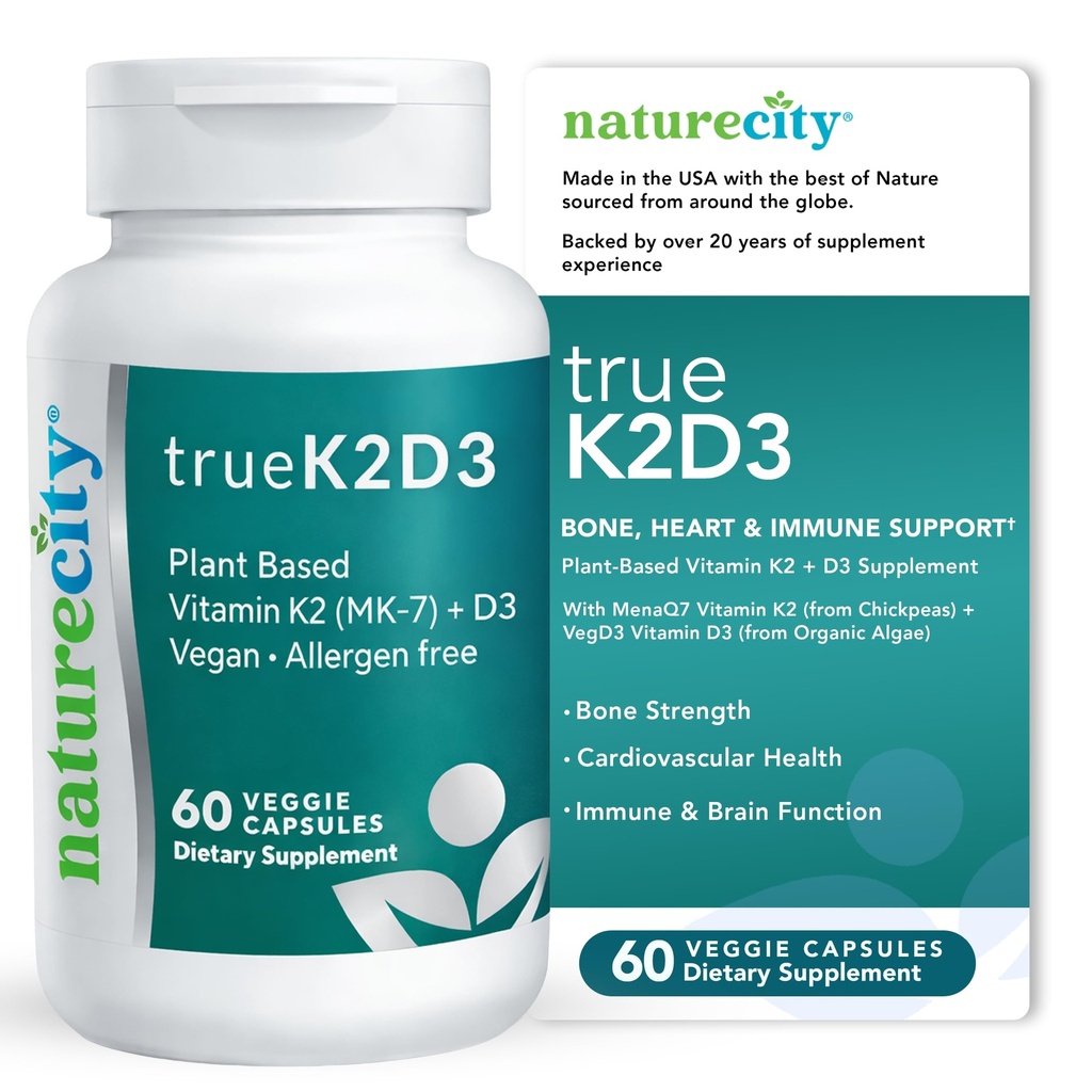 NatureCity TrueK2D3 Plant Based Vitamin K2 MK7 (90 mcg) & D3 da Algae(2,500 IU) 2 in 1 Vitamina D3 K2 Supplemento per Bone, Cuore e Salute Immune – 60 capsule vegetali