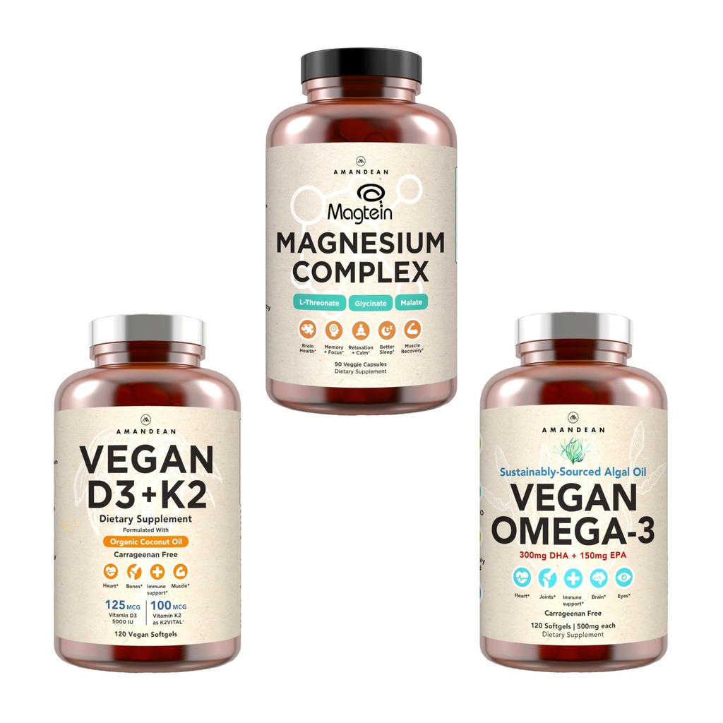 AMANDEAN Premium Magnesium Complex, Vegan Omega 3, Vegan D3+K2 Bundle. Supporto Immune basato sulle piante. Algae DHA & EPA. Dormire di qualità, Focus & Mood. Supporto Cuore sano, cervello, articolazioni & occhi