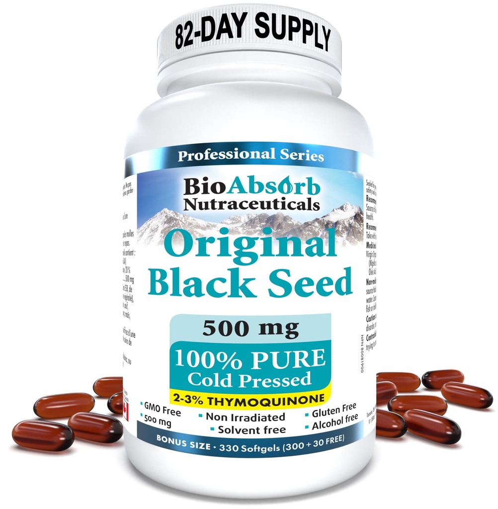 Estratto di olio di semi di semi neri di Bio Absorb, alimentazione di 82 giorni, olio di semi di cumino nero puro pressato a freddo (Nigella Sativa) (330 softgels, 500mg)