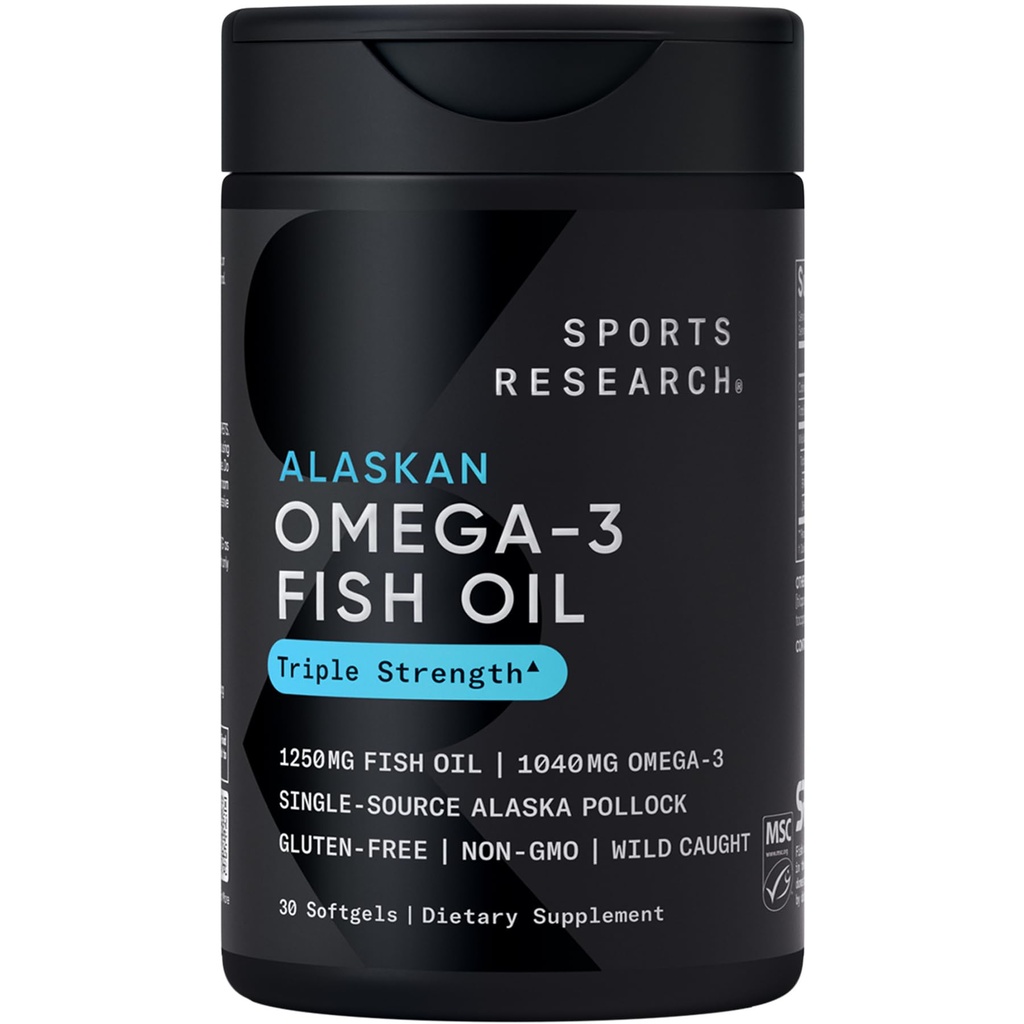 Ricerca sportiva Triple Strength Omega 3 Fish Oil 1250mg da Wild Alaskan Pollock - Burpless Fish Oil Supplement con Omega-3 EPA & DHA - Sostenibilmente Sourced, Non OGM, Gluten Free - 30 Softgels