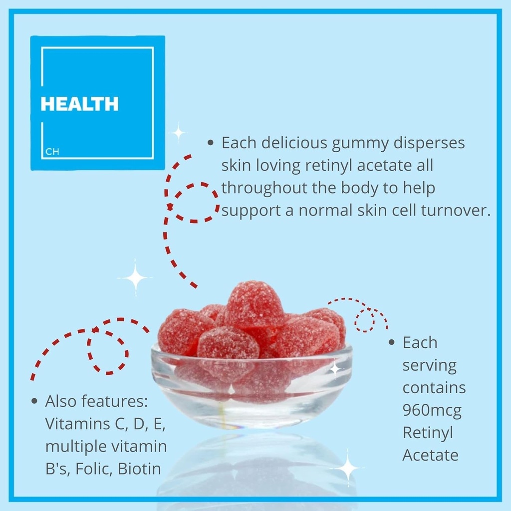 Rigenero Salute Consolato - Multivitamina Retinol Gummy - Anti-Aging Vitamina A Supplemento - Glowing, Gioventù & Clear Skin Strong Hair & Nails - Vitamina B6, B12, C,D3, Acido Folico, Zinco - 60 Gummies