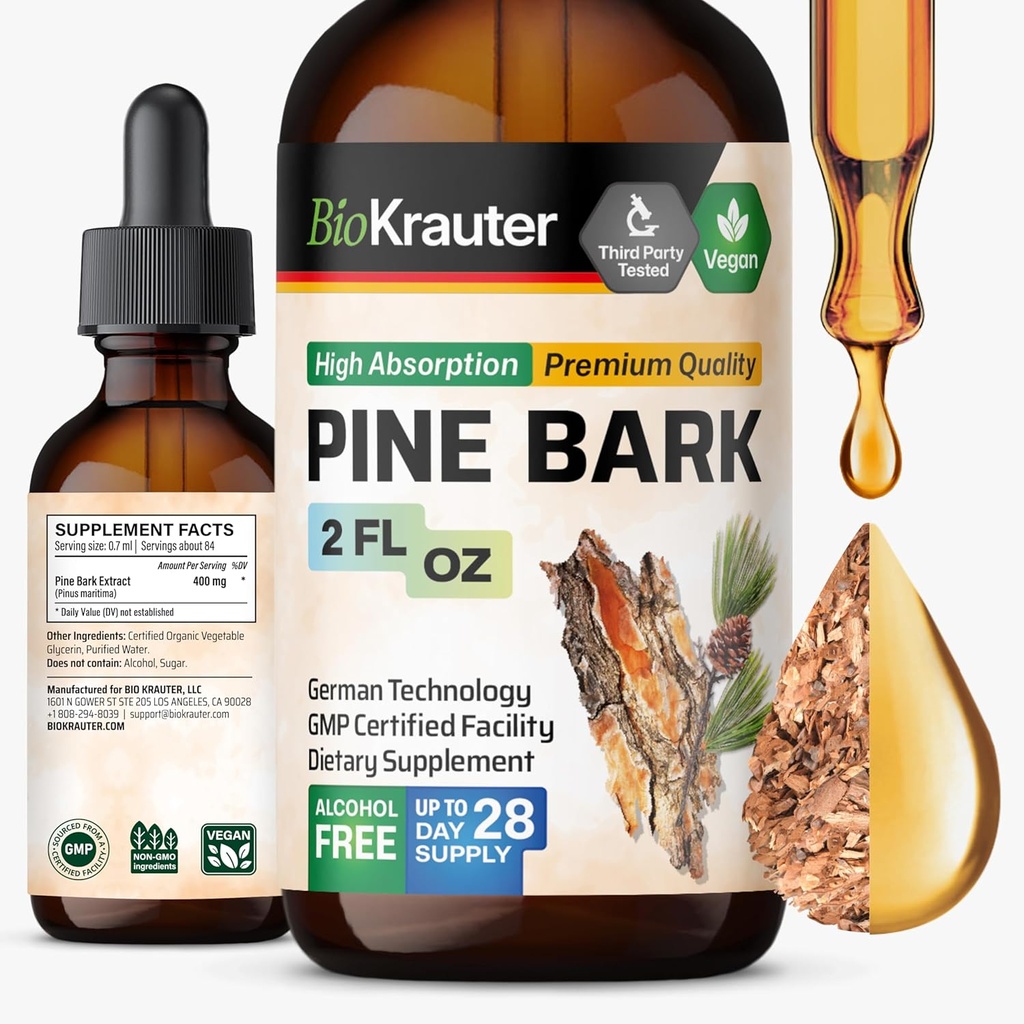 Estratto di corteccia di pino BIO KRAUTER - Ricco di Antiossidanti Supplemento liquido - 400 mg Gocce di Pino Marittimo Francese - Vegan, Alcol & Sugar Free - 2 Fl Oz