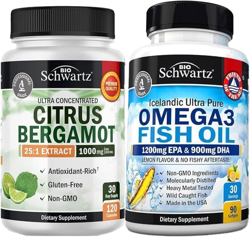 Triple Strength Omega 3 Fish Oil Softgels (1 Mese di Alimentazione) Plus 1000mg Citrus Bergamot Supplemento (1 Mese di Alimentazione)