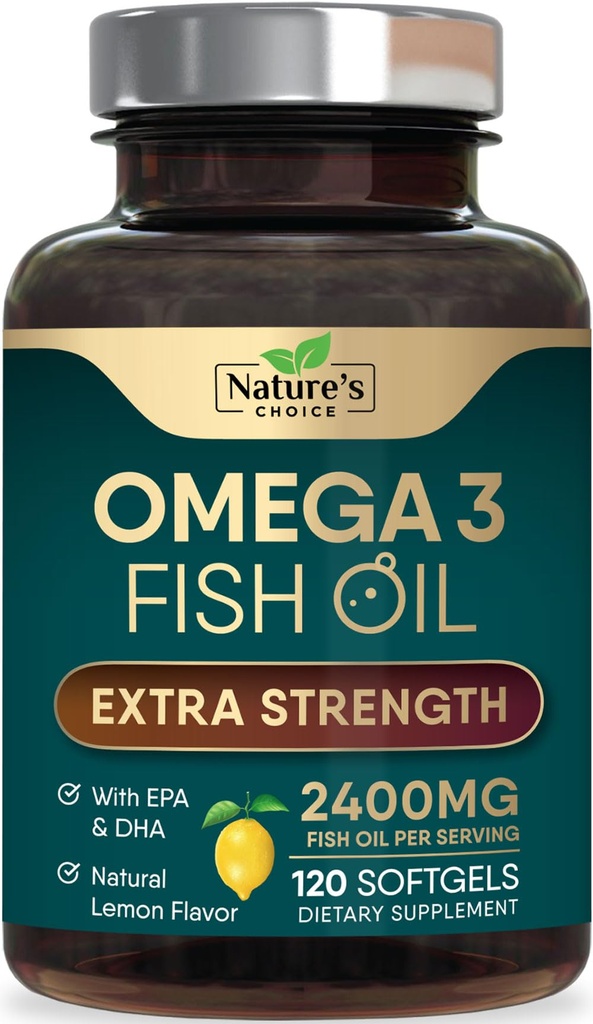 Omega 3 Fish Oil Supplement 2400 mg - Tripla resistenza EPA & DHA Fish Oil Omega 3, acidi grassi essenziali Supplemento Softgels, Brain & Heart Health Support Supplements, Gluten Free Non-GMO, 120 Softgels