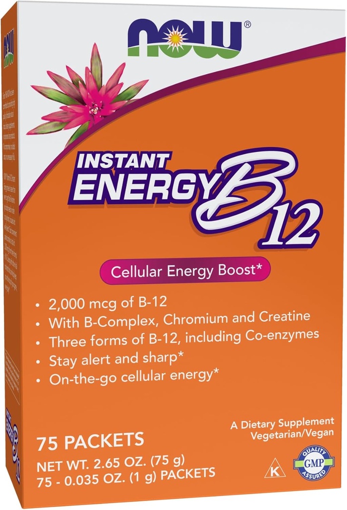 Supplementi NOW, Energia istantanea B-12 (2000 mcg di B-12 per pacchetto), Potenziamento di energia cellulare*, 75 pacchetti