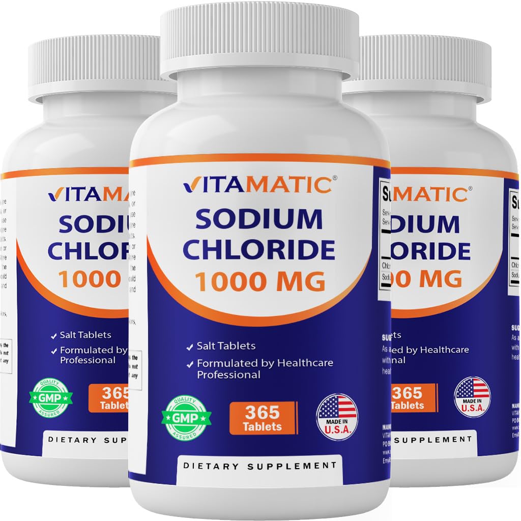 Vitamatic Sodium Chloride 1000mg – 365 compresse Electrolyte Replenisher & Hydration Support – Non OGM, Gluten-Free -3 bottiglie