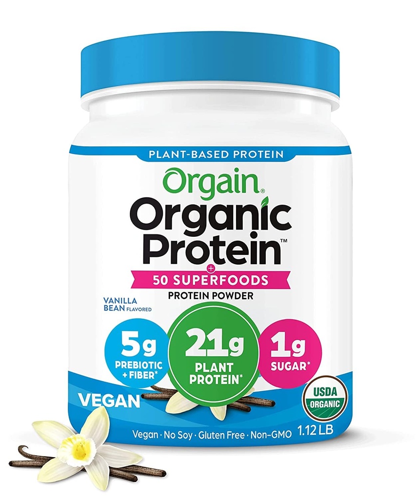 Orgain Organic Vegan Protein + 50 Superfoods Powder, Vanilla Bean - 21g Plant Based Protein, 8g Prebiotic Fiber, Nessun Lattosio Ingredienti, Gluten Free, Non Aggiunto Zucchero, 1.12 lb (Packaging May Vary)
