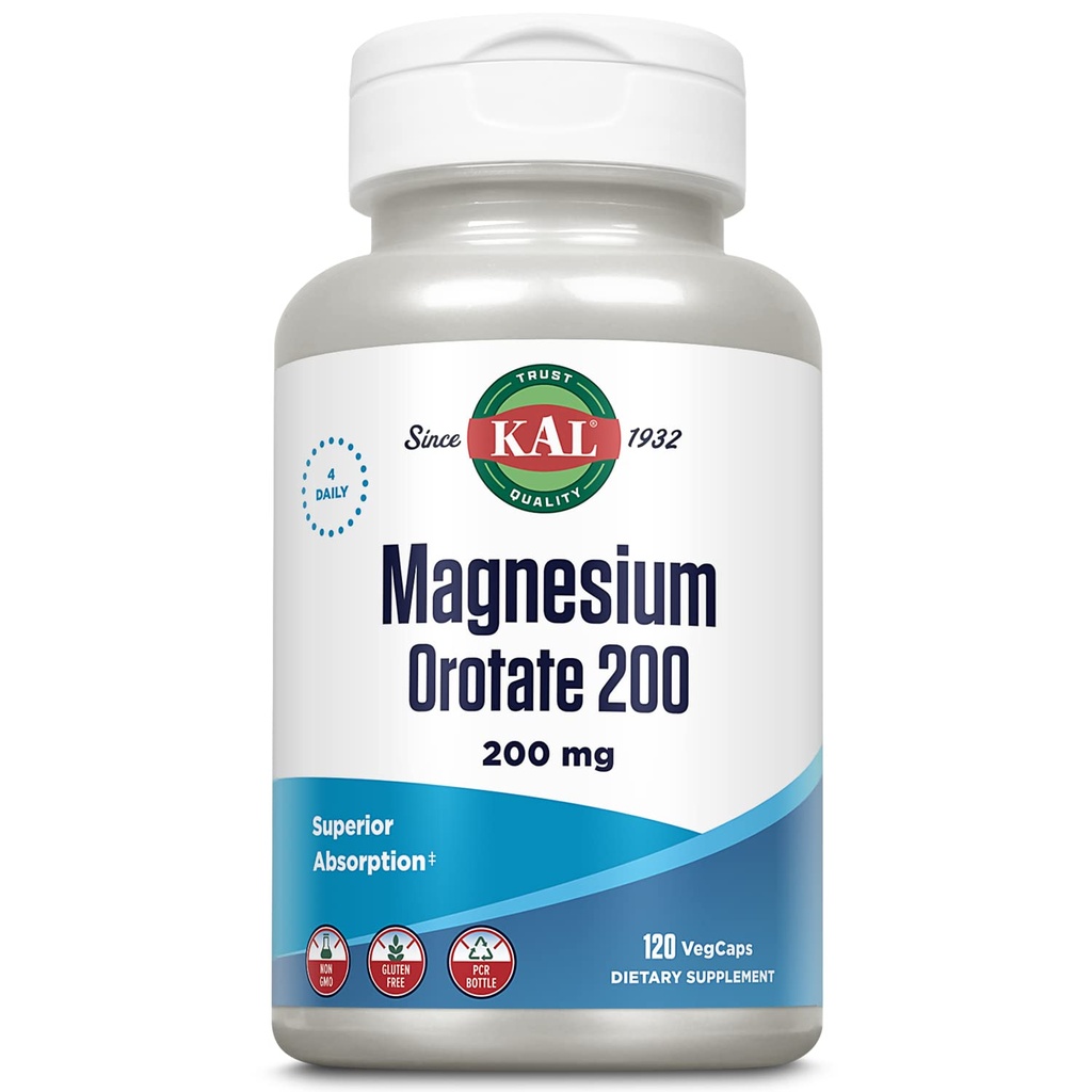 KAL Magnesium Orotate 200 mg, Formula di Assorbimento Superiore, Magnesio Chelato per Bones Sani, Denti, Nerve e Funzione Muscolare, Vegetariano, Non OGM, Gluten Free, 30 Serve, 120 VegCaps